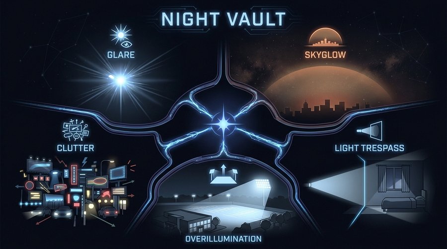 Diagram showing the five forms of light pollution in a dark-background illustration