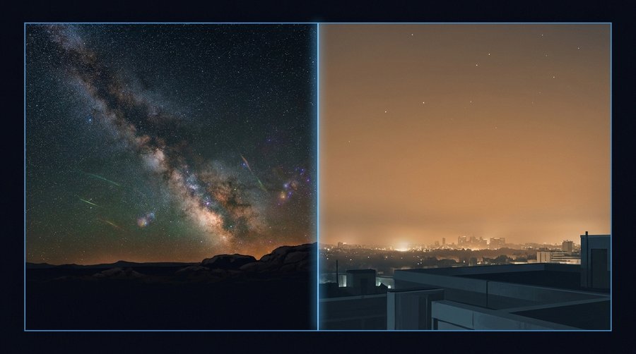 Comparison of Bortle Class 1 pristine dark sky versus Bortle Class 9 inner-city sky