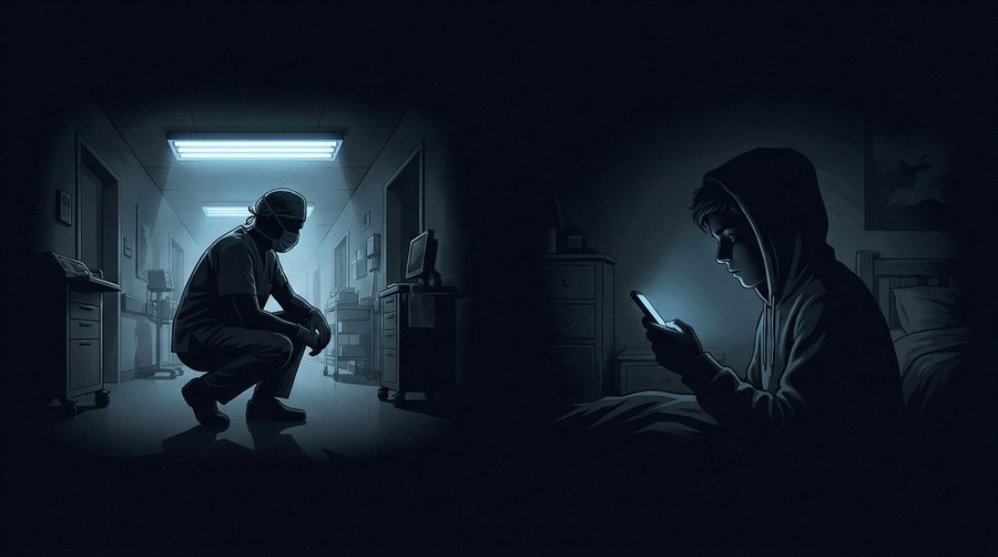 Editorial illustration showing night-shift hospital worker and adolescent lit by smartphone screen