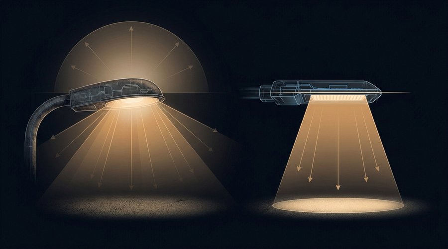 Technical comparison of old cobra-head street luminaire with upward glare versus modern full-cutoff LED