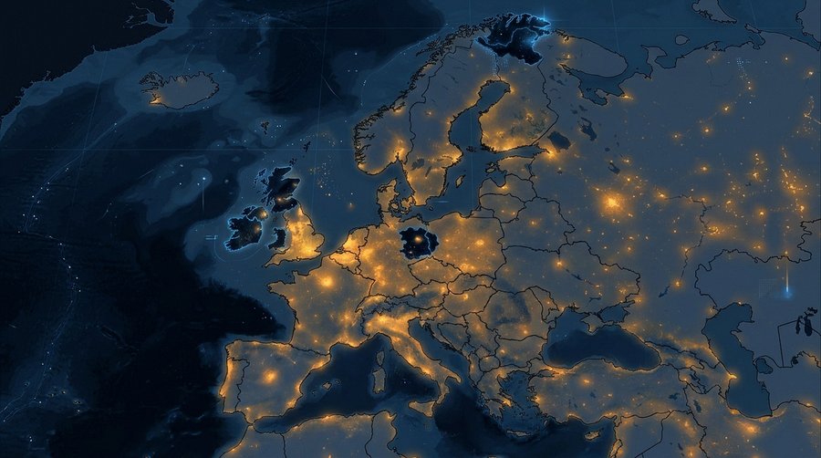 Cartographic illustration of Europe at night with IDA-certified dark sky areas marked in deep blue