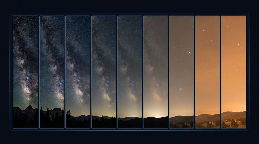 Nine sky panels showing the Bortle scale progression from Class 1 pristine to Class 9 inner-city