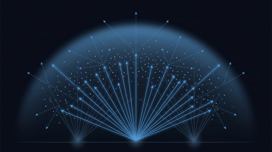 Physics diagram of Rayleigh and Mie scattering showing light rays spreading upward from ground sources