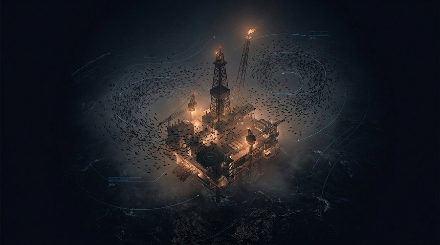 Aerial view of an offshore gas platform at night with migratory bird silhouettes spiraling around it