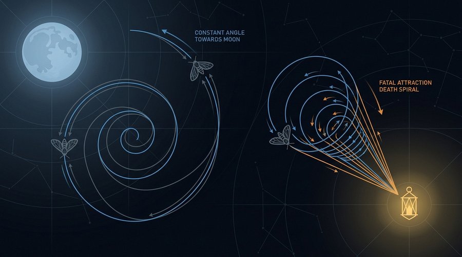 Diagram of moth fatal attraction mechanism contrasting natural lunar navigation with spiral death around artificial light