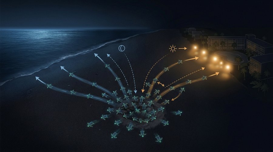 Aerial diagram of sea turtle hatchlings on a dark beach, some heading correctly to the sea, others turning toward hotel lights