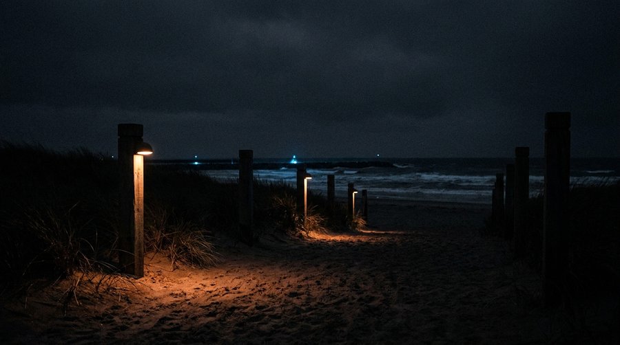 Dark beach at night with amber 590nm lighting installed low on posts, sky completely dark above