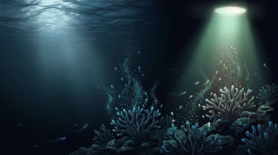Underwater illustration of coral polyps releasing gametes under moonlit surface versus artificial light-flooded surface