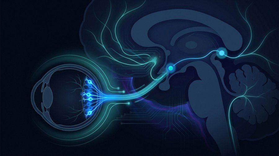 Neural pathway diagram from retina through ipRGC cells to suprachiasmatic nucleus to pineal gland