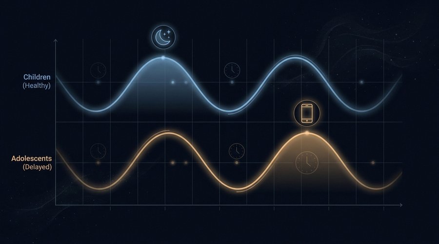 Sleep phase delay diagram showing circadian timing shifted later in adolescents using screens versus children