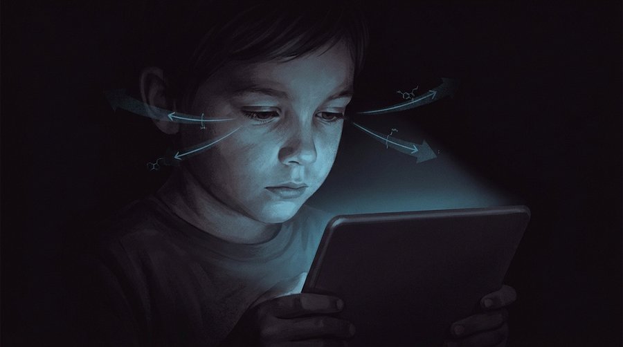 Adolescent face lit by blue-white tablet screen glow in a dark bedroom illustrating melatonin suppression
