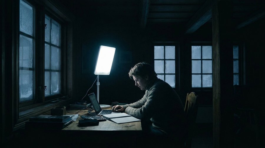 Person using a bright white light therapy lamp at a desk in a dark Nordic winter interior
