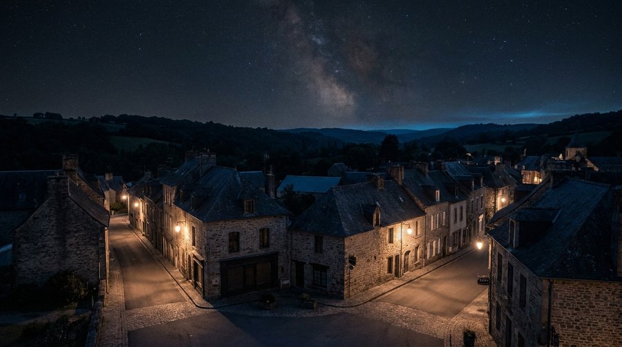 Small French village at night with commercial signage lights off after curfew and Milky Way faintly visible