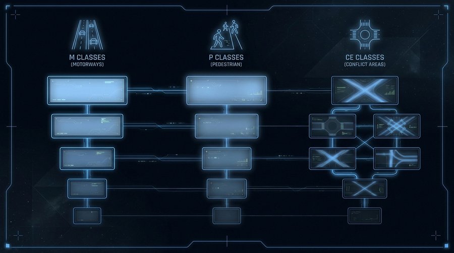 EN 13201 lighting class comparison grid showing M, P, and CE classes with illuminance level hierarchy