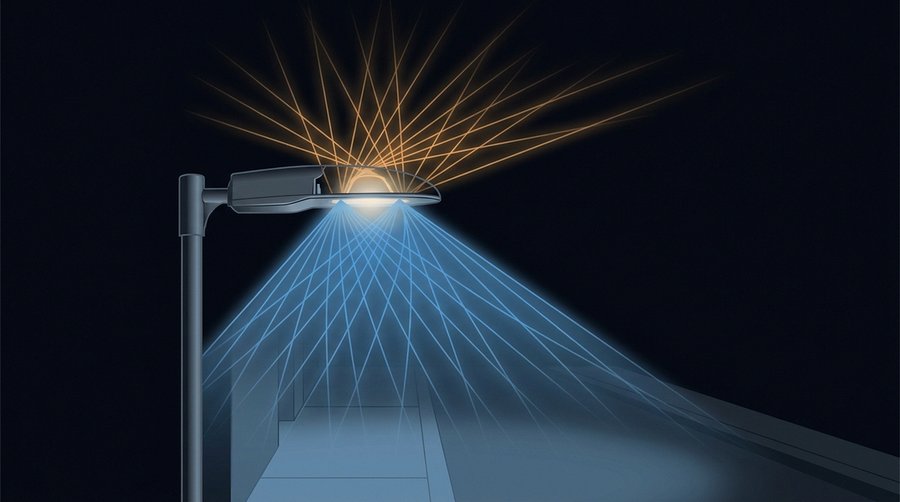 Street luminaire cross-section diagram showing upward light fraction as wasted rays versus useful downward rays