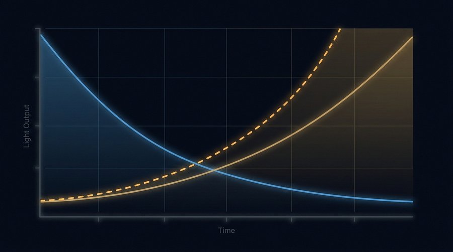 Efficiency rebound effect graph showing LED energy savings offset by increased total light installation
