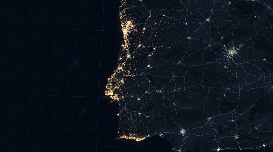 Satellite-view illustration of Portugal at night with coastal cities glowing brighter after LED transition