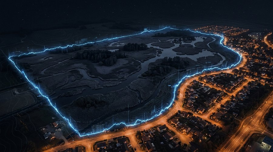 Aerial illustration of a Natura 2000 boundary at night separating dark wetland habitat from suburban amber glow