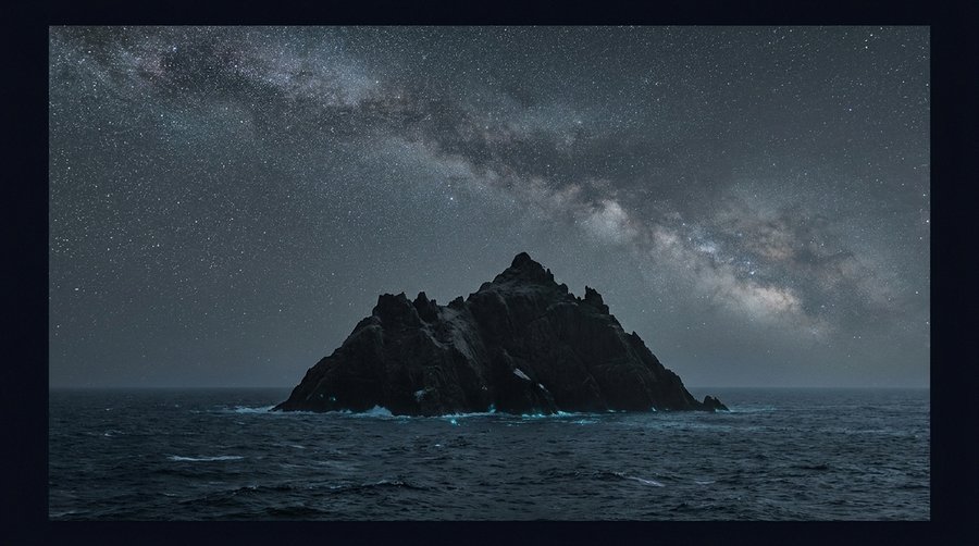 Skellig Michael island silhouette rising from dark Atlantic water under a star-filled sky and Milky Way arc