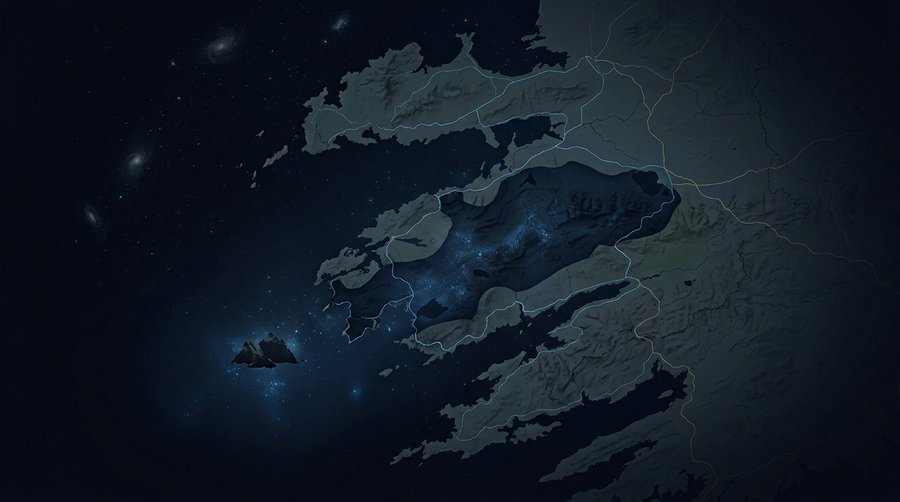 Cartographic illustration of the Iveragh Peninsula at night with the Kerry Dark Sky Reserve area marked