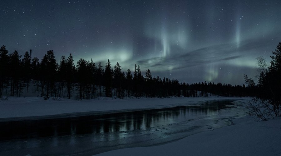 Dense boreal taiga forest silhouette with frozen river reflections and aurora borealis above in Finnmark Norway
