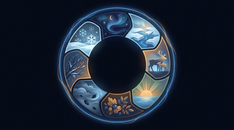 Circular calendar diagram showing the Sami eight-season system as abstract seasonal icons on dark background