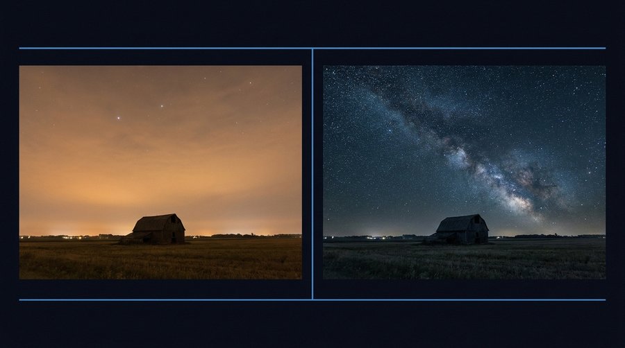 Diptych comparing the same rural location under light-polluted sky with faint stars versus full Milky Way at dark-sky reserve