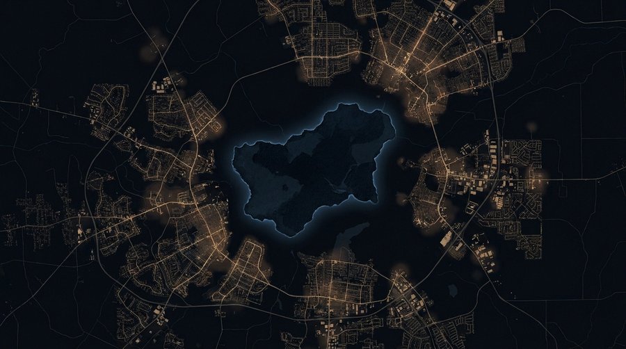 Aerial view at night showing a small dark protected habitat island surrounded by expanding amber suburban glow