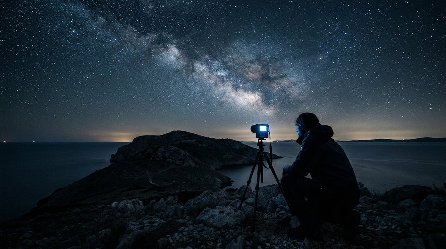 SQM device on a tripod on a dark island headland with the Adriatic Sea below and a brilliant Milky Way above
