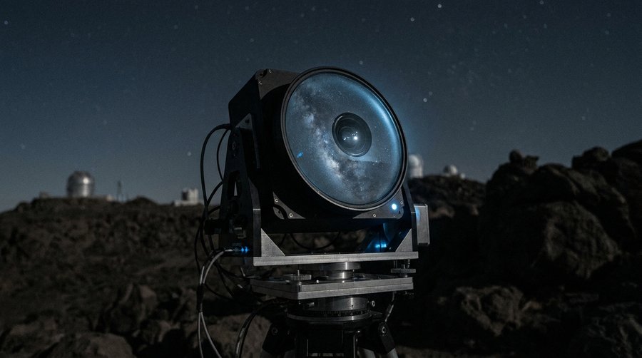 All-sky fisheye camera mounted on a precise equatorial tripod outdoors under a dark starfield