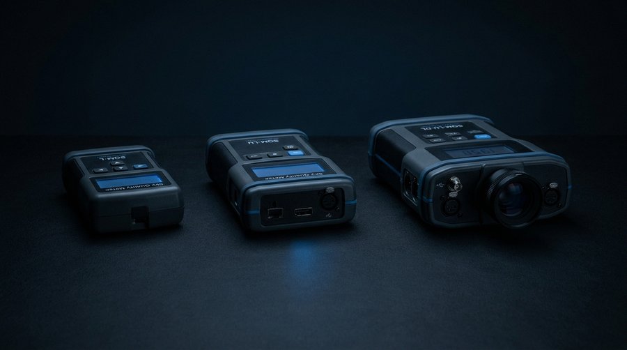 Three Unihedron SQM models — SQM-L, SQM-LU, SQM-LU-DL — arranged side by side on a dark surface