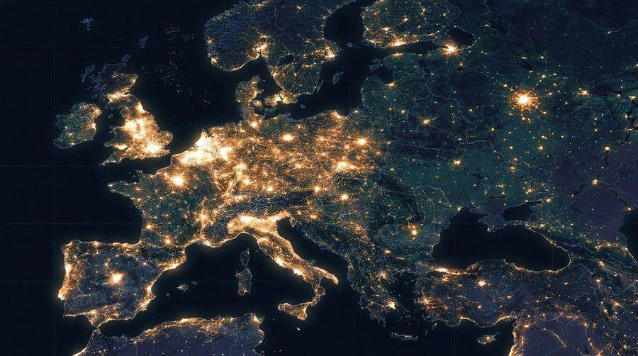 Europe section of the World Atlas of Artificial Night Sky Brightness showing luminance gradients from dark to severely polluted