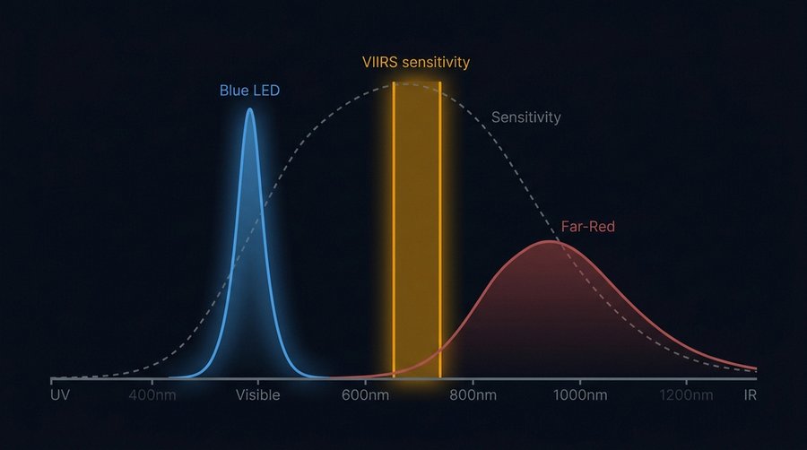 Graph showing the VIIRS satellite spectral sensitivity window missing the blue LED peak — the measurement blind spot