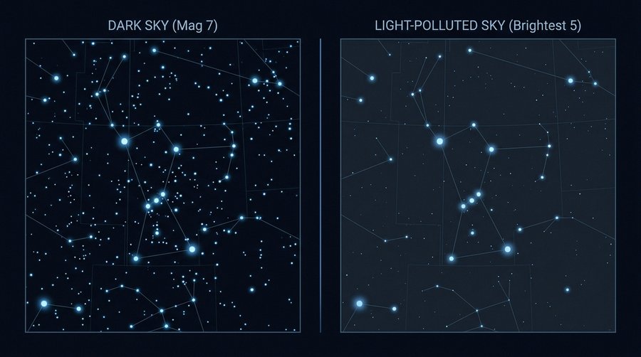 Orion constellation star chart with limiting magnitude comparison between dark sky and light-polluted sky versions
